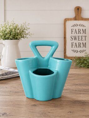 Home Essentials Turquoise Ceramic Flatware Caddy Utensil Holder Basket Organizer